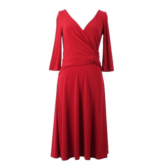 Joseph Ribkoff Dress Sz 6 Red V Neck 3/4 Sleeve Fit Flare Faux Wrap Poly Dress - Picture 1 of 12